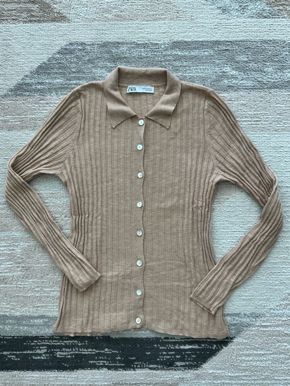 Quiet Luxury Zara Ribbed-Knit Long-sleeve Collared Cardigan Camel Size M
